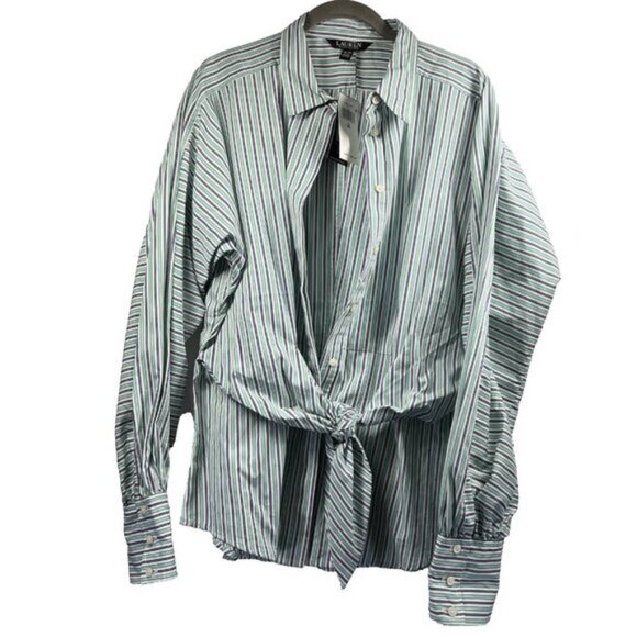 Lauren Ralph Lauren Women Blouse XL Bllue  Green Stripe Long Sleeve Tie Front - Picture 7 of 15